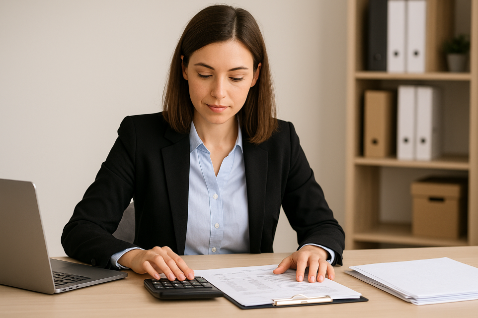 Support cegid comptable – femme utilisant calculatrice sans écran visible